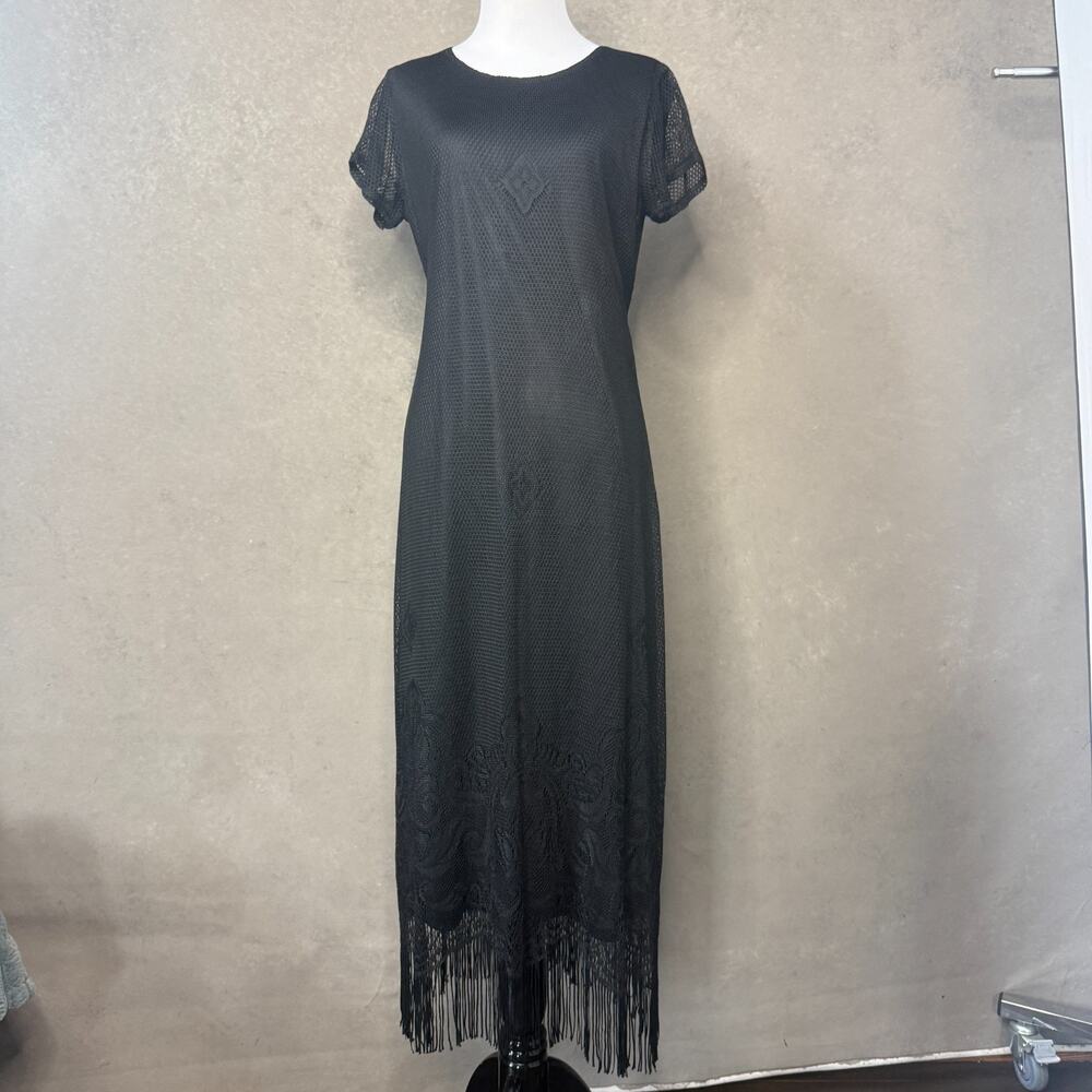 Harlow Nites Black Crochet Fringe Hem Maxi Dress Size 6 Vintage 90s